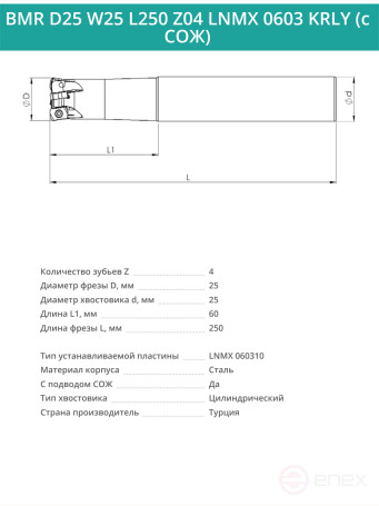 Концевая фреза корпусная 25 мм, 4 зуба, L 250 мм / BMR D25 W25 L250 Z04 LNMX 0603 KRLY (с СОЖ)