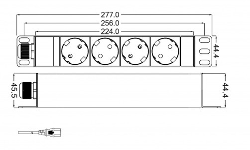 SHT10L-4SH-IEC Блок розеток для 10" шкафов, горизонтальный, 4 розетки Schuko, входной разъем IEC320 C14 10A, 250В, установочный размер 254 мм, 277х44.4х44.4мм (ДхШхВ), корпус алюминий