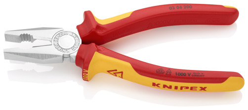 Плоскогубцы комб. VDE, рез: провол. ср. Ø 3.8 мм, твёрд. Ø 2.5 мм, кабель Ø 13 мм (16 мм²), L-200 мм, хром, 2-к ручки