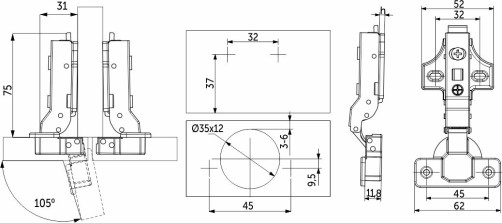 Semi-folding hinge with door closer 45mm h0 clip-on AKS PRIME (self-tapping screws, plugs)