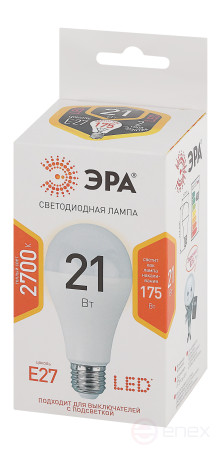 Лампа светодиодная ЭРА STD LED A65-21W-827-E27 21Вт груша теплый белый свет Е27