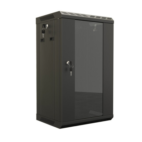 TDB-15U-GP-RAL9004 Wall cabinet 10", 15U, 774.5x390x300, set size 254 mm, with glass door, opening walls, possibility of installing a fan, color black (RAL 9004) (assembled)