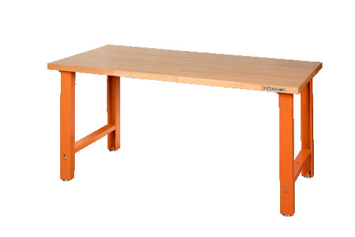 Heavy duty workbench, wooden table top, height adjustable, 4 legs, orange, 1500 x 750 x 1030 mm