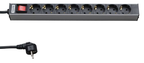 SHT19-8SH-S-2.5EU Socket block for 19" cabinets, horizontal, 8 Schuko sockets, illuminated switch, 2.5m (3x1.5mm2) power cable with Schuko plug 16A, 250V, 482.6x44.4x44.4mm (LxWxH), aluminum housing