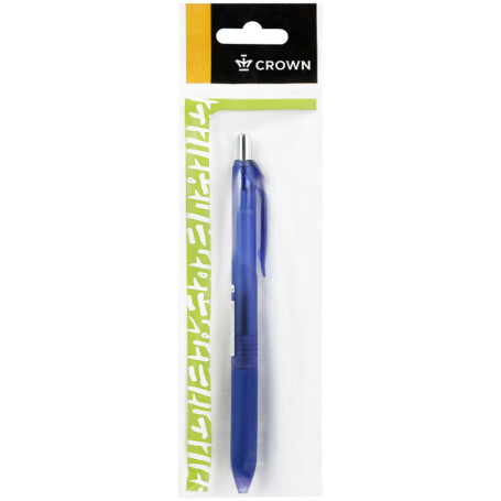 Ручка шариковая автоматическая Crown "Quick Dry" синяя, 0,5мм, грип, гибридные чернила, европодвес