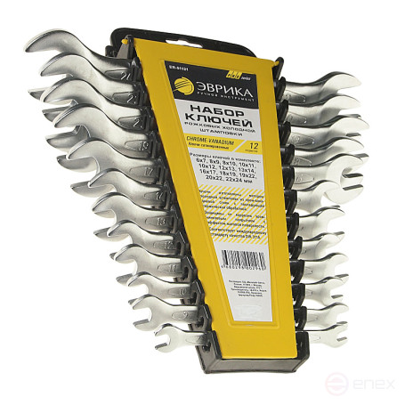 Набор ключей рожковых (6х7,8х9,8х10,10х11,10х12,12х13,13х14,16х17,18х19,19х22,20х22,22х24мм) холдер 12 предметов CrV PRO ЭВРИКА 5/20