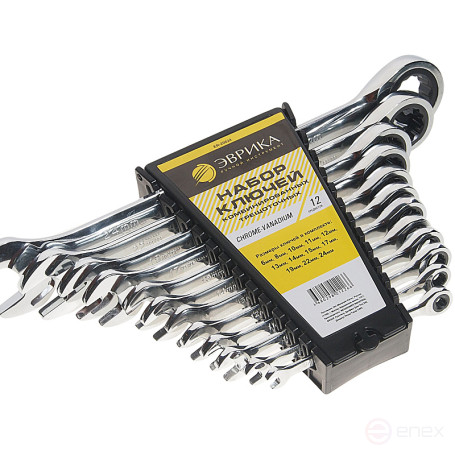 Набор ключей комбинированных ER-20624 трещоточных 12 предметов 6,8,10,11,12,13,14,15,17,19,22,24мм (на держателе) ЭВРИКА 5/10