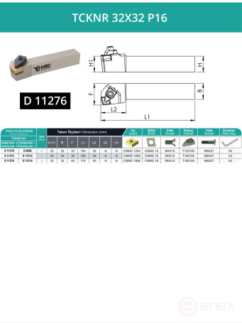 TCKNR 32X32 P16 right-hand turning tool 32x32 mm / plate 16 mm, CNMG 1606**