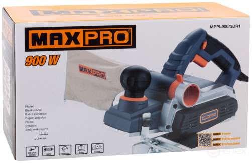 MAX-PRO Electric plane 900 W; 16000 rpm; 82 mm; cut 0-3 mm; groove 0-16 mm; 3.2 kg; protection heel; rubber inserts; dust collector; additional
