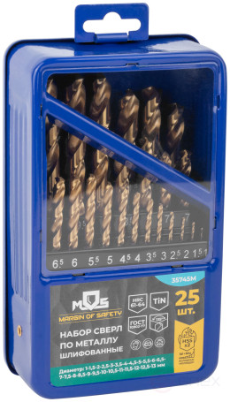 Set of HSS metal drills, ground, titanium coating, sharpening angle 135°, met.box, 25 pcs. (1-13 mm, through 0.5 mm)