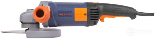 MAX-PRO Шлифмашина угловая 2400 Вт; 6000 об/мин; защитный кожух 230 мм; антивибрационная ручка; дополнительные щетки; плавный пуск; поворотная рукоятк