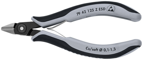 Precision side cutters. ESD, sharp head, flat without chamfer, for soft materials, cut: hollow. soft. Ø 0.1 - 1.3 mm, L-125 mm, black