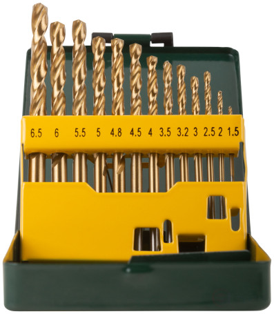 HSS metal drill set, titanium coating, 13 pieces (1.5-6.5 mm), metal box