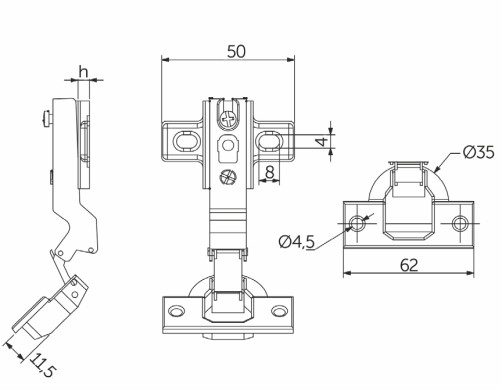 Петля угловая -45° с пружиной 45мм h2 slide-on AKS