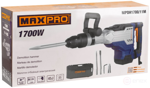 MAX-PRO Electric jackhammer 1700 W; 200-2100 rpm; 45 J; SDS-MAX; 11.5 kg; rubber cable; additional brushes; case