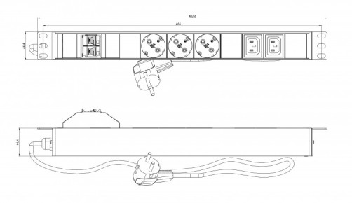 SHE19-3SH-2IEC-B-2.5EU Socket block for 19" cabinets, horizontal, 3 Schuko sockets, 2 IEC320 C13 sockets, circuit breaker, 2.5m (3x1.5mm2) power cable with Schuko plug 16A, 250V, 482.6x44.4x44.4mm (LxWxH), housing steel, black