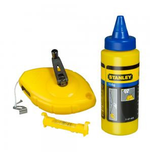 A set of a marking cord in a 30 m plastic case, a bottle of 115 g chalk powder and a STANLEY 0-47-443 suspension level