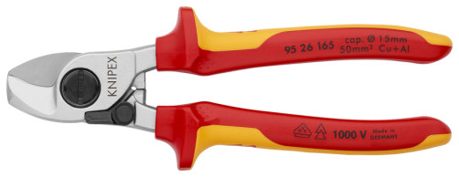 Cable cutter VDE 1000V, with spring, cut: cable Ø 15 mm (50 mm2, AWG 1/0), L-165 mm, dielectric, chrome-plated, 2-component handles, with holder