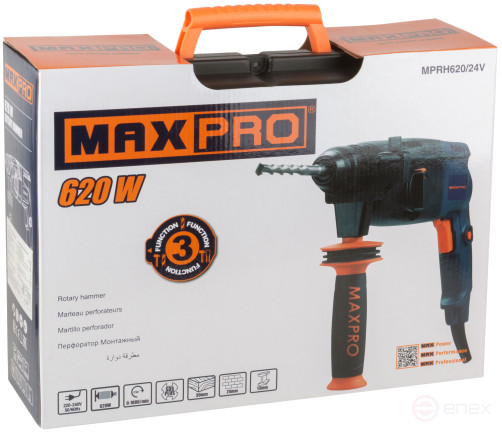 MAX-PRO Rotary hammer mounting 620 W; 0-1000 rpm; 2.5 J; 3 modes; L/W/M-30/24/13; 2.8 kg; SDS-PLUS; anti-vibration handle; rubber inserts; cut