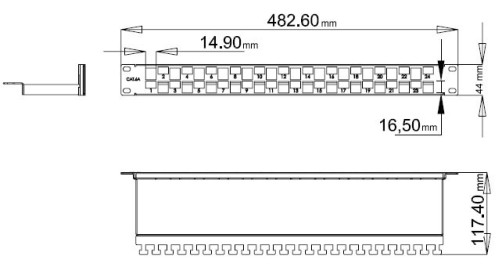 PPBL3-19-24S-RM Modular Patch Panel 19", 24 Ports, Flat Type, 1U, for Keystone Jack modules, with Rear cable organizer (without modules)