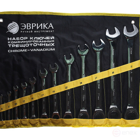 Набор ключей комбинированных ER-20632 трещоточных 12 предметов 6,8,10,12,14,17,19,22,24,27,30,32мм (на планшете) ЭВРИКА 1/5