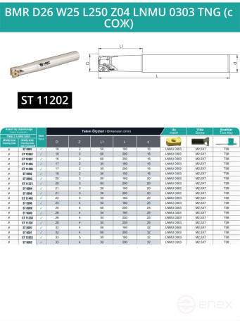 Концевая фреза корпусная 26 мм, 4 зуба, L 250 мм / BMR D26 W25 L250 Z04 LNMU 0303 TNG (с СОЖ)