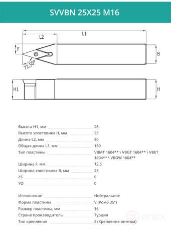 SVVBN 25X25 M16 резец токарный проходной нейтральный 25x25 мм / пластина 16 мм, VBMT 1604**