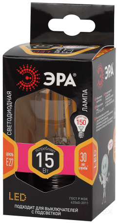 LED Lamp ERA F-LED A60-15W-827-E27 15W Filament Pear Warm White Light E27