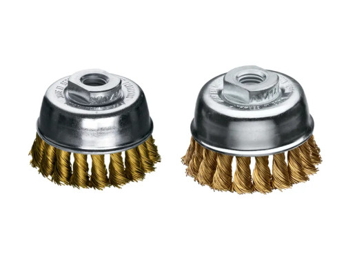 Cup plaited brush, D65 mm, 18 plaits, latuned straight wire STM 0.50 mm, M14 fit