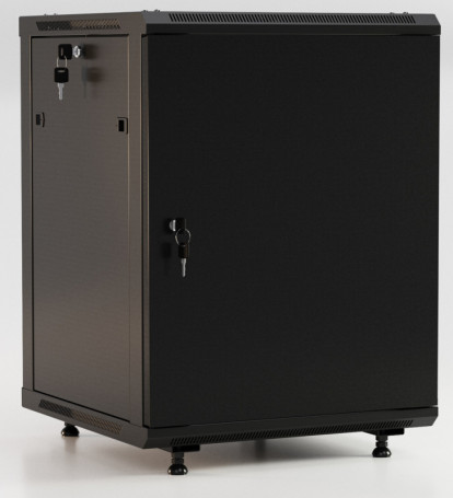 TWB-FC-1866-SR-RAL9004 Wall cabinet 19-inch (19"), 18U, 920x600x600mm, metal front door with lock, two side panels, with the possibility of mounting on legs (included), color black (RAL 9004) (disassembled)