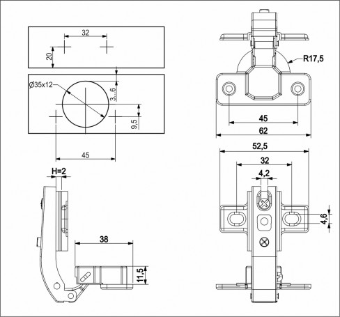 Hinge for raised panel 90° with spring 45mm h2 slide-on AKS