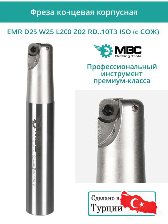 Body end mill 25 mm, 2 teeth, L 200 mm / EMR D25 W25 L200 Z02 RD..10T3 ISO (with COOLANT)