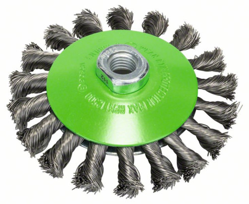 Cone brush with stainless steel wire bundles, 115 mm 115 mm, 0.35 mm, M14