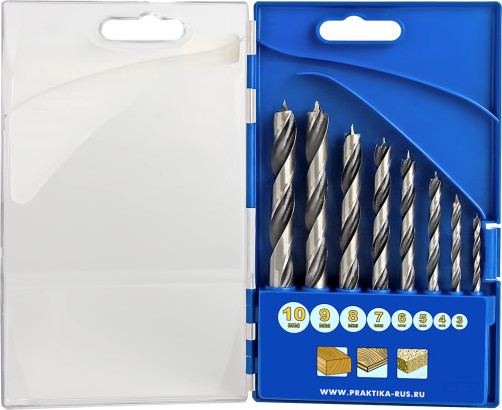 Набор сверл по дереву ПРАКТИКА "Профи", 8 шт, 3,4,5,6,7,8,9,10 мм, ПРО кассета (640-360)