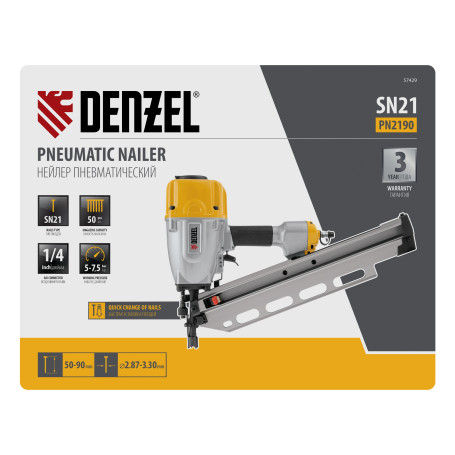 Pneumatic nail gun PN2190 for nails SN21 from 50 to 90 mm Denzel