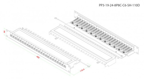 PP3-19-24- 8P8C-C6-SH-110D Patch panel 19", 1U, 24 ports RJ-45 full. screen., Category 6, Dual IDC, ROHS, color black