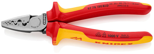 Press pliers for crimping VDE contact sleeves, number of sockets: 9, 0.25 - 16.0 mm2 (AWG 23 - 5), L-180 mm,, 2-k handles