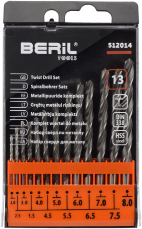 Drill set for metal 2.0-8.0mm (13 pcs/case) BERIL
