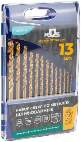A set of HSS ground metal drills, titanium coating, 135° sharpening angle, layer. case, 13 pcs. (1.5-2.0-2.5-3-3.2-3.5-4-4.5-4.8-5-5.5-6-6.5 mm)
