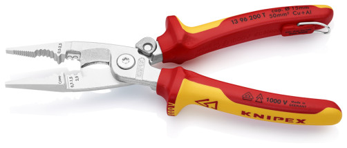 VDE electrical pliers, 6-in-1, stripping: 0.75-1.5+2 .5mm2, crimp: 0.5-2.5mm2, L-200 mm, cable cutter, lock, chrome, 2-k handles, fear. strong, brilliant.