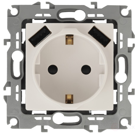 Розетка ЭРА Серия 12 12-4109-02 2P+E 16A-250В штор с 2xUSB 5В-3А слоновая кость