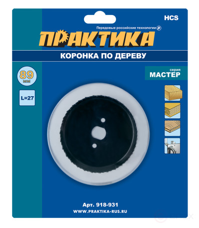 Коронка HCS по дереву/гипсокартону ПРАКТИКА "Мастер" 89 мм, L-27мм, без адаптера (1 шт), блистер