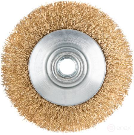 Корщетка-колесо с наклоном, гайка М14, стальная волнистая латунированная проволока 100 мм