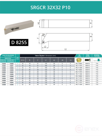 SRGCR 32X32 P10 right-hand turning tool 32x32 mm / plate 10 mm, RCMT 10T3**