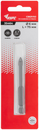 Сверло по кафелю и стеклу, шестигранный U-хвостовик под биту 6х75 мм