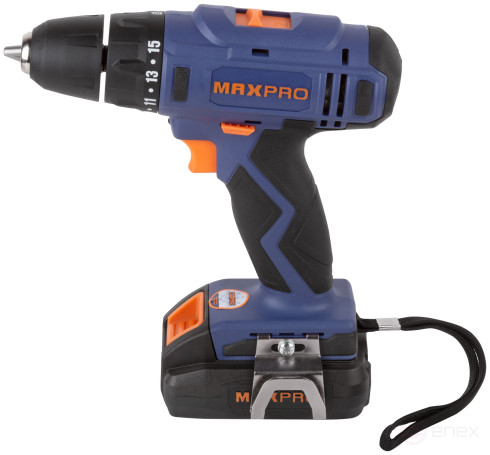 MAX-PRO Дрель-Шуруповерт аккумуляторная 18 В; 0-350/0-1250 об/мин; 10 мм; 30 Нм; 2 батареи (Li-Ion) х1,5 Ач; 15+1; 1 ч.; регулировка оборотов; резинов