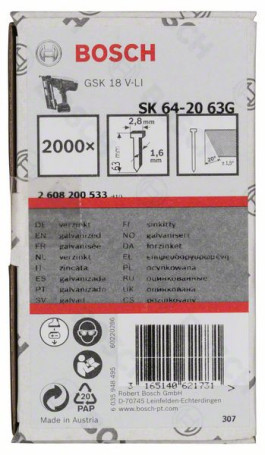 Countersunk head pin SK64 20G 63 mm, digitized.
