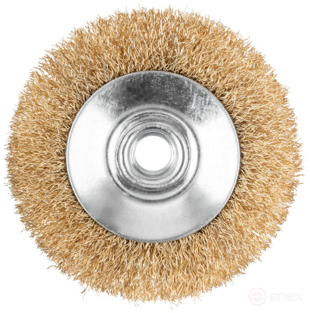 Корщетка-колесо с наклоном, гайка М14, стальная латунированная волнистая проволока 100 мм, блистер