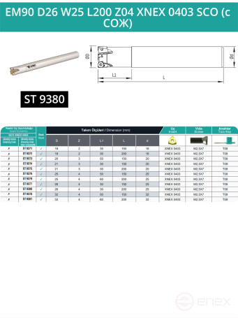 Концевая фреза корпусная 26 мм, 4 зуба, L 200 мм / EM90 D26 W25 L200 Z04 XNEX 0403 SCO (с СОЖ)