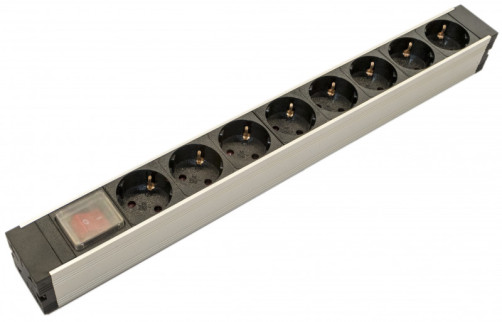 SHZ19-8SH-S-IEC Блок розеток для 19" шкафов, горизонтальный, 8 розеток Schuko, выключатель с подсветкой, без кабеля питания, входной разъем IEC320 C14 10А, 250В, 482.6x116.0x44.4мм (ДхШхВ), корпус алюминий